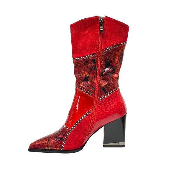 Trendy Red Fashion Fabric Leather Midcalf High Heel Boot - Picture 2 of 7